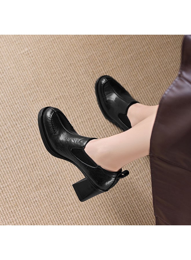 St&Sat Saturday Loafers Women's Single Shoes 2026 New Style Chunky Heel Slip-on Deep V Small Leather Shoes Soft Sole High Heels - Image 3